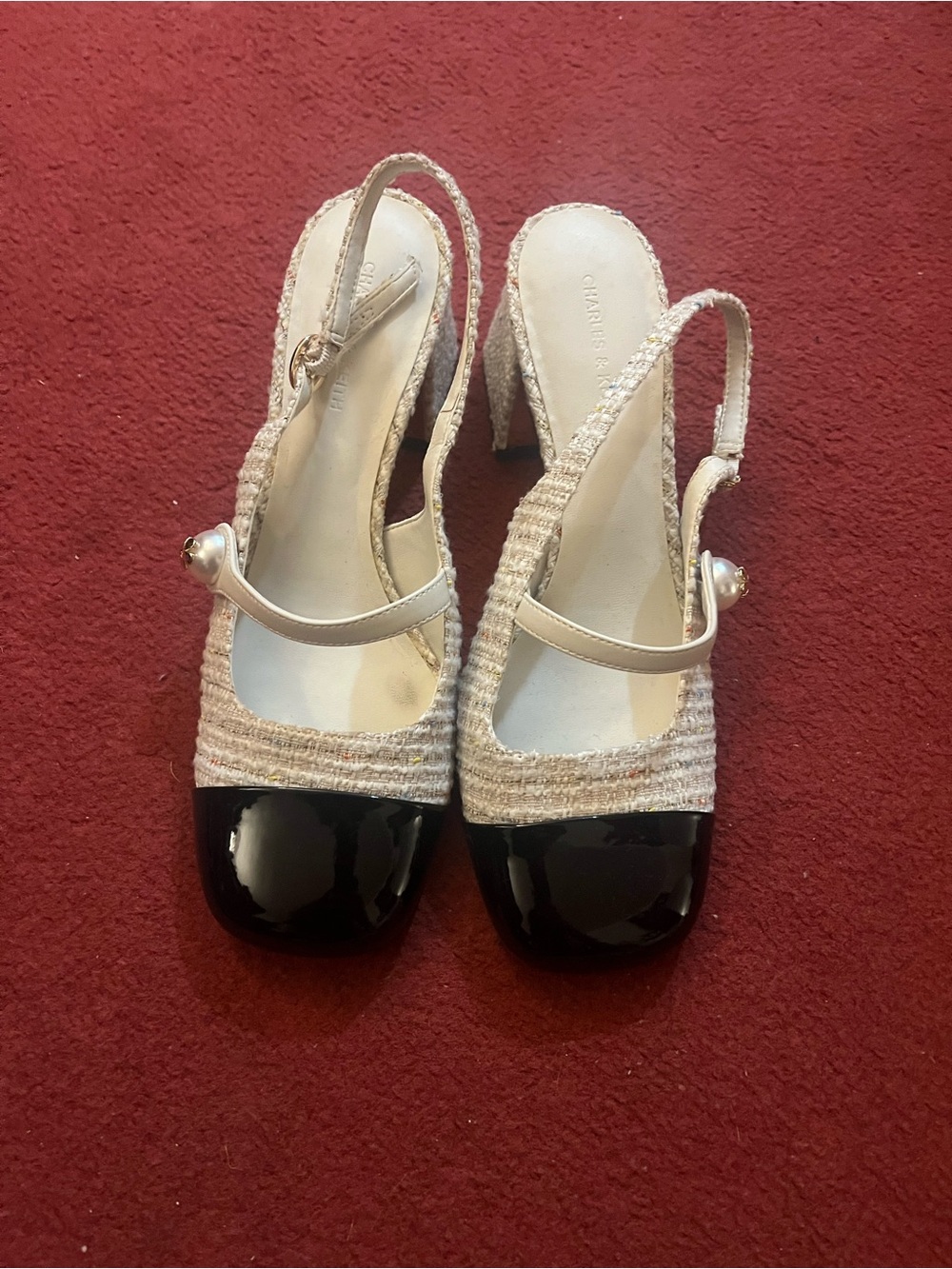 Charles & Keith Tweed Pearl Embellished Trapeze-Heel Slingback Pumps - Size US 9